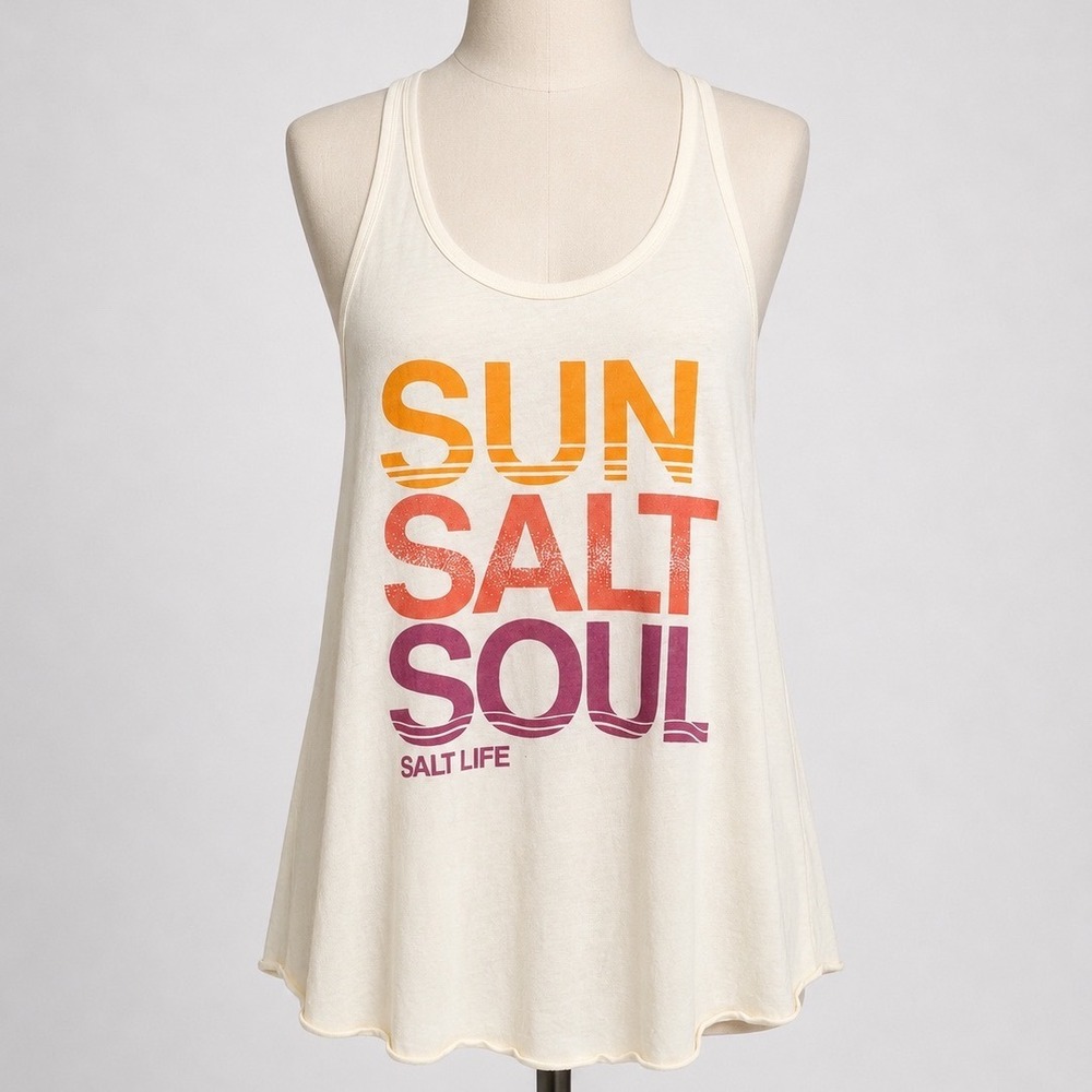 Salt Life Sun Salt Soul Graphic Tank Top Cream Racerback Keyhole Back Large